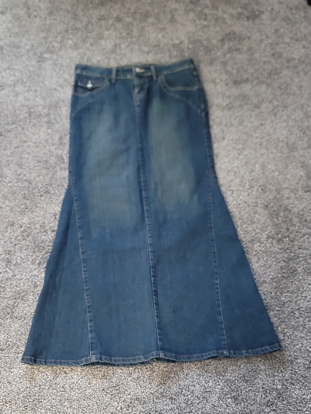 Blue Asphalt Dark Blue Denim Flared Maxi Skirt